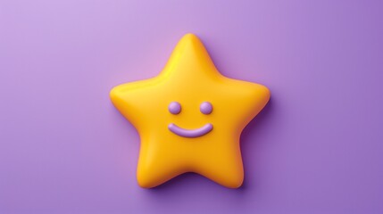 3D illustration of bright yellow smiling star cartoon character on a purple background.