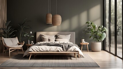 Scandinavian interior design of modern bedroom.	