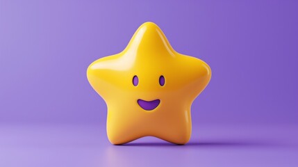 3D illustration of bright yellow smiling star cartoon character on a purple background.