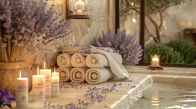 Elegant lavender-themed spa corner near tranquil pool