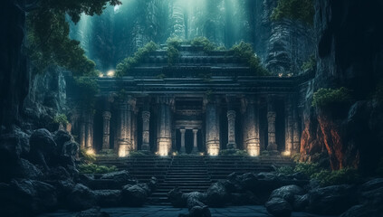 Temple in fantasy forest at night, old ruins and magic light, Surreal mystical fantasy artwork
