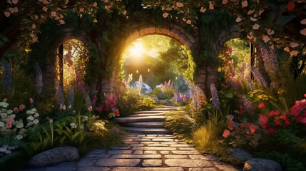 Archway in an enchanted fairy garden landscape