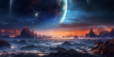 Unknown planet from outer space. Space nebula. Cosmic cluster of stars. Outer space background