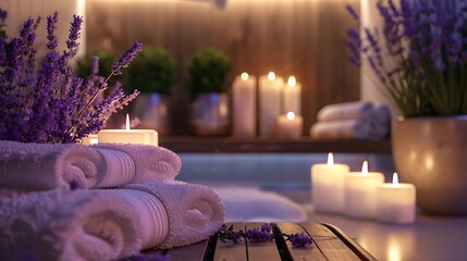 Inviting lavender spa evening with candles and flowers