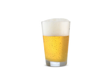 a glass of beer, full glass with beer foam on top, white background