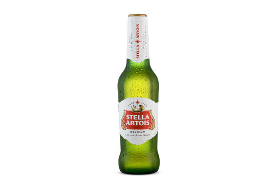 S&Atilde;O PAULO-BRAZIL, April 11, 2024 Stella Artois beer Bottle , cold drink, WHITE BACKGROUND
