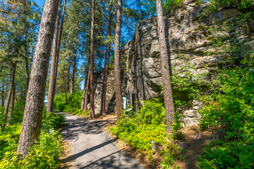 The wooded trail through the public Falls Park leading to the historic Treaty Rock a rock wall with a painted written compact between Frederick Post, a settler, and the Native American tribes in 1871.