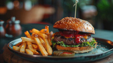 Delicious Hamburger with french fries, Fast Food looking delicious