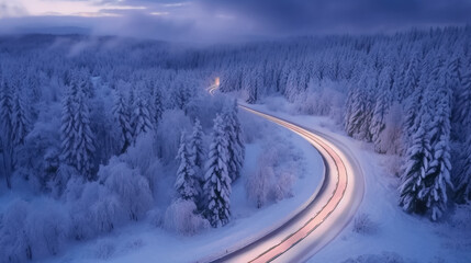 Windy road in snow covered forest