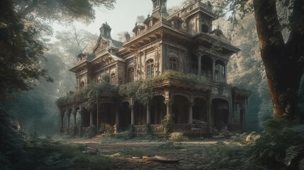 Naklejka premium Gorgeous abandoned medieval mansion in a fairytale forest