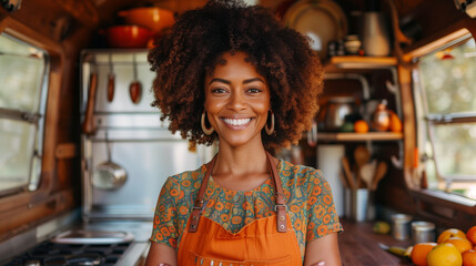 Portrait of a young black female chef small business owner smiling in her food truck before service