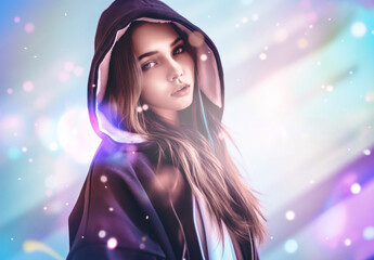 Enigmatic young woman wearing a hood gazes intently at the camera, her face illuminated by a soft, magical light that creates a dreamy, surreal atmosphere around her