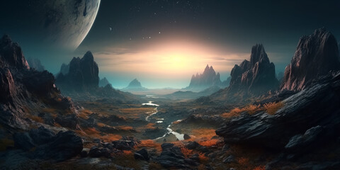 Unknown planet from outer space. Space nebula. Cosmic cluster of stars. Outer space background