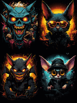 Dark fantasy bat creatures and gothic cats with glowing eyes, eerie expressions, and sinister aesthetics. A surreal and horror-inspired illustration blending mystery and supernatural elements.

