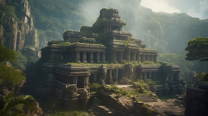 Obraz premium Temple ruins in fantasy mountains, old stone palace in jungle