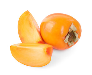 Whole and cut persimmon fruits isolated on white, top view