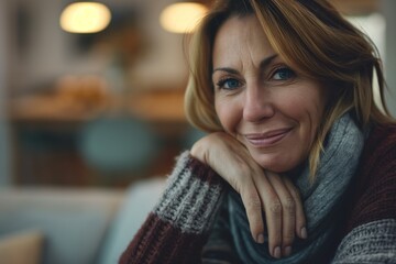 Portrait of a mature woman with a peaceful smile, resting her chin on her hands, exuding warmth and contentment while relaxing in a cozy, well-lit living room environment