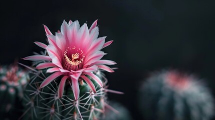 Blooming pink cactus flower on dark background.