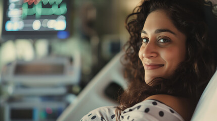 Young woman with curly hair smiles gently while resting in a hospital bed, emitting a sense of optimism and recovery, with medical equipment in the background softly out of focus