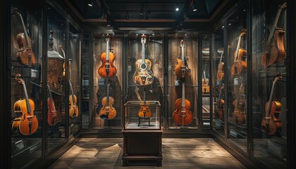 Naklejka premium Exhibit a museum wing dedicated to vintage musical instruments, with rare guitars, pianos, and violins on display, each with its own unique story