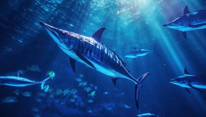 Obraz premium Giant Marlin fish in the ocean, beautiful view of marlin fish in the blue ocean