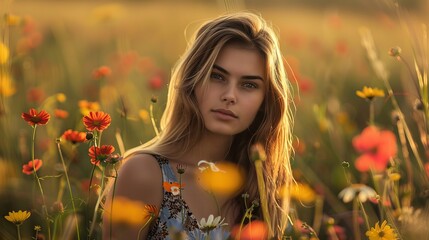 A young lady in a springtime flower meadow
