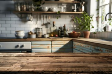 Wood table top on blur kitchen room background .For montage product display or design key visual layout - generative ai