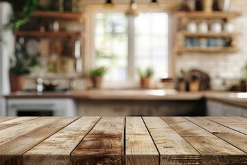 Wood table top on blur kitchen room background .For montage product display or design key visual layout - generative ai