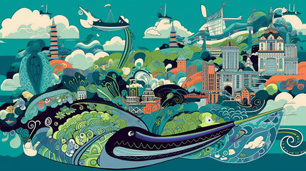 A quirky pop art-inspired poster showcasing an illustration of a fantastical cityscape filled with...