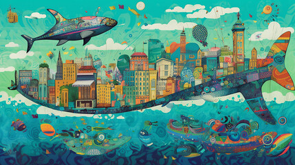 A quirky pop art-inspired poster showcasing an illustration of a fantastical cityscape filled with...