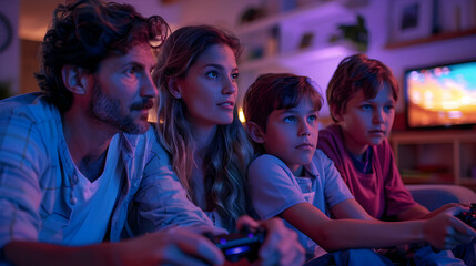 Happy Family Bonding Over Video Games   Photo Realistic Concept of Multiplayer Gaming Evening