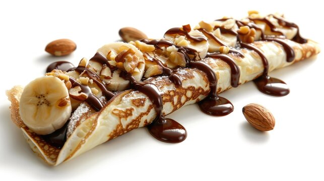 Banana honey nuts and chocolate sauce filled crepe isolated on white surface in sideways perspective