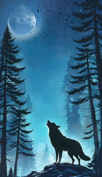 Majestic wolf howling under the moonlit sky in the tranquil night wilderness