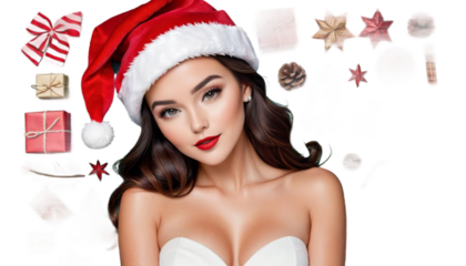 hat christmas woman attractive person people portrait girl pretty female beautiful red holiday cute happy cheerful excited isolated present adult lady face celebration joyful model season happiness