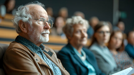 Photo realistic image of Retirement Planning Seminar concept with a retirement planner hosting a seminar on the importance of early retirement planning and effective saving strateg