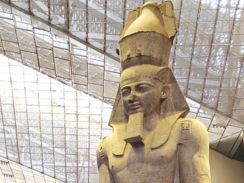 Giza, Egypt, April 13 2024: Ramses II from The Grand Egyptian Museum, New Giza Museum, Egypt's gift to the world, the largest archaeological museum in the world, near the Giza pyramid complex
