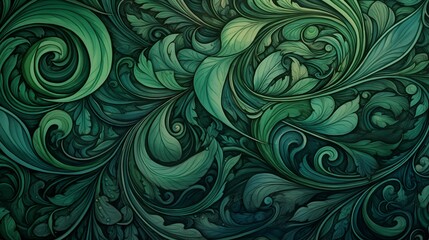 Intricate Green Swirls and Leaves in a Decorative Abstract Pattern.