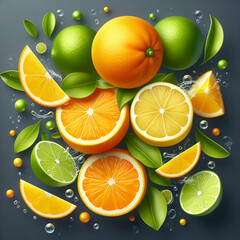 Half-sliced oranges and lemon limes falling or floating in the air with isolated green foliage in...