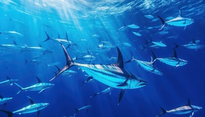 Obraz premium Giant Marlin fish in the ocean, beautiful view of marlin fish in the blue ocean