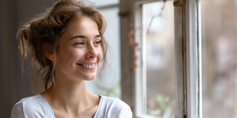 A naturally beautiful woman with a gentle smile glances out a window in a home setting