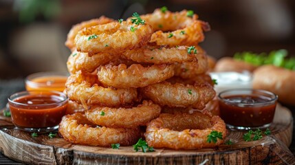 A towering stack of onion rings on a wooden board. 