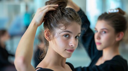 Dance student's hair being tied by a ballet dancer - Powered by Adobe