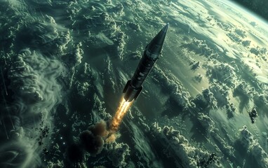Ballistic missile soars upwards amidst tumultuous clouds, depicting power and military might