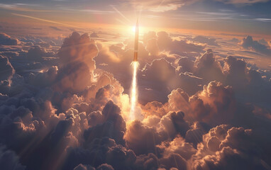 Ballistic missile soars above clouds against a stunning sunrise