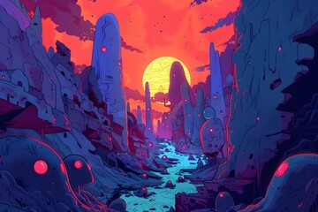 Obraz premium Playful Cartoon Creatures Navigating a Mysterious Otherworldly Dimension with Vibrant Hues and Dramatic Chiaroscuro Effects