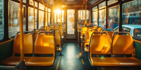 Warm sunset light fills an empty bus, highlighting the yellow seats and creating a mood of solitude