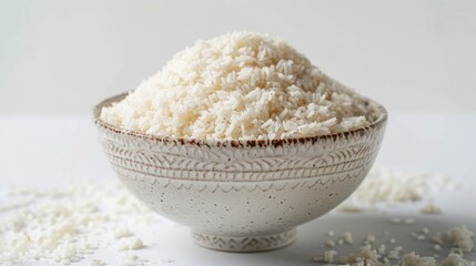 Beaten rice in a bowl captured in close up on a white background