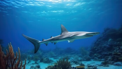 Fototapeta premium The Giant Sharks in the ocean, portrait of Shark hunting prey in the underwater