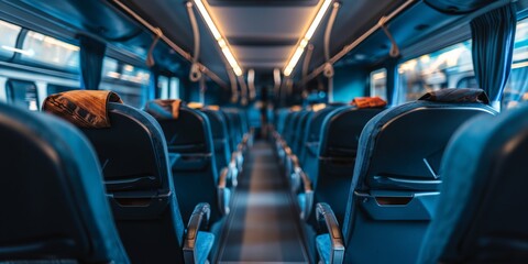 Fototapeta premium The photo showcases the interior of an empty modern bus with comfortable seating and a clean, sleek design