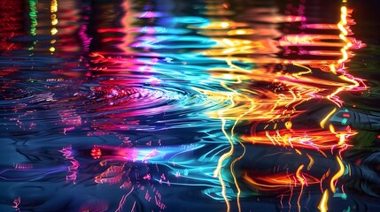 Multicolored light trails reflected on a water surface.
